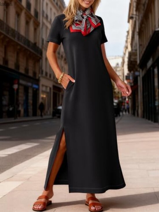 Summer Maxi Dress Short Sleeve Crewneck Split Wrinkle-Free Travel Sundress - Picture 3 of 7